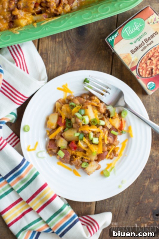 Box of Pacific Organic Baked Beans with Pork, a key ingredient for the casserole