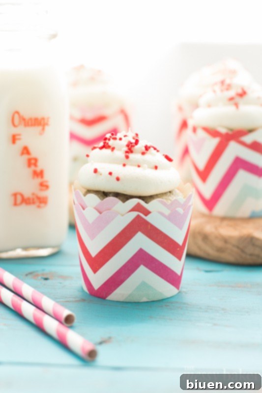 Cherry Chocolate Chip Cupcakes topped with a swirl of vanilla bean buttercream and sprinkles