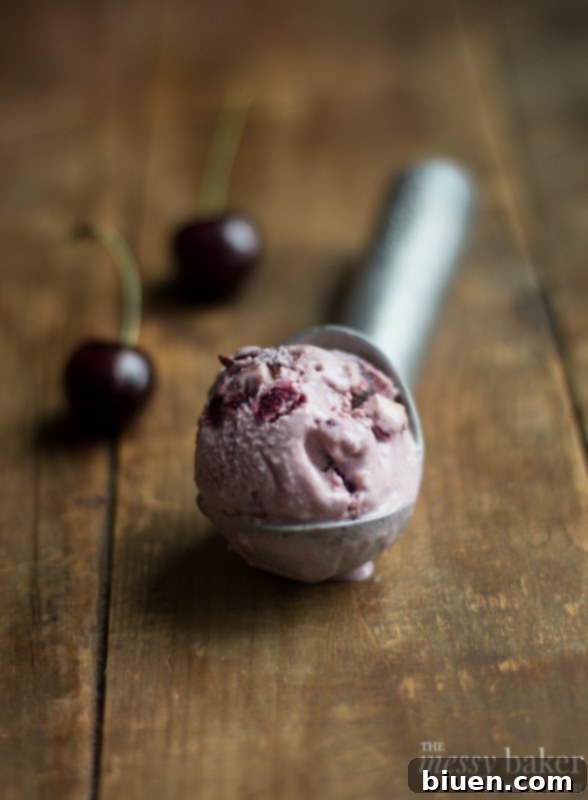 A delightful serving of toasted almond and cherry ice cream, garnished with whole almonds and fresh cherries, showcasing its appealing texture.