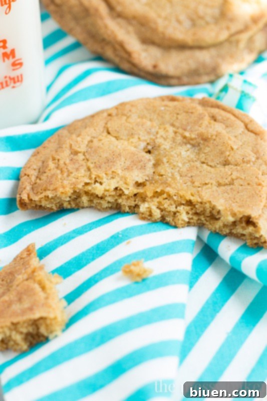 Stack of freshly baked giant brown sugar snickerdoodle cookies on a cooling rack.