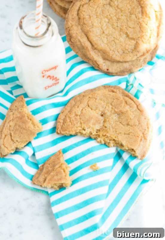 Freshly baked giant brown sugar snickerdoodle cookies cooling on a wire rack.