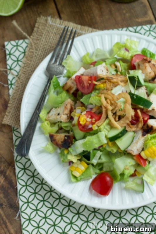 Close-up of Tequila-Lime Chicken Chopped Salad with grilled chicken and fresh vegetables