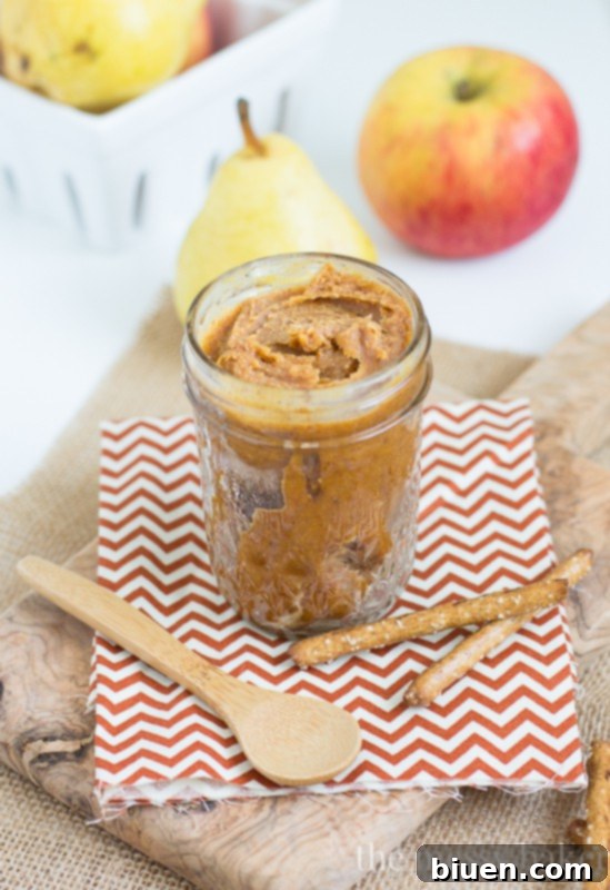 White Chocolate Pumpkin Almond Butter served elegantly with fresh apple slices and crunchy pretzel sticks on a rustic wooden board.