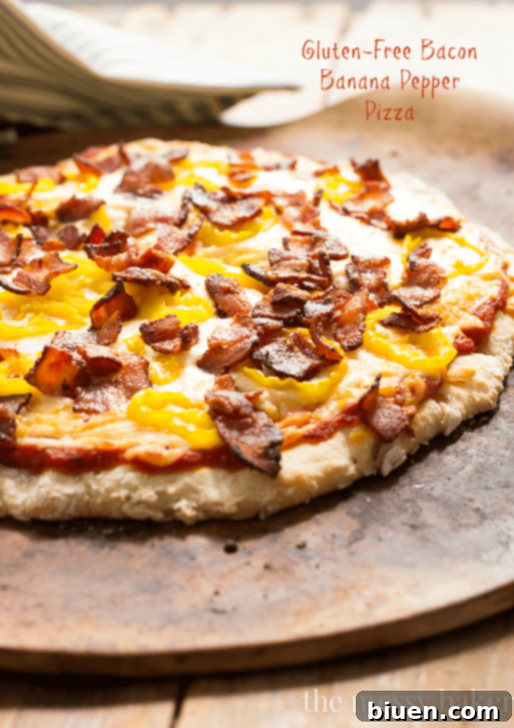Zesty Gluten-Free Bacon Banana Pepper Pizza 2 Delicious Gluten-Free Bacon Banana Pepper Pizza with melted cheese and crispy crust