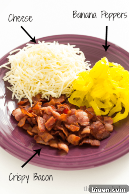 Zesty Gluten-Free Bacon Banana Pepper Pizza 4 Overhead shot of a baked Gluten-Free Bacon Banana Pepper Pizza before slicing