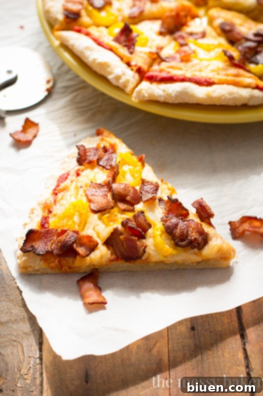 Zesty Gluten-Free Bacon Banana Pepper Pizza 10 A fully baked and sliced Gluten-Free Bacon Banana Pepper Pizza