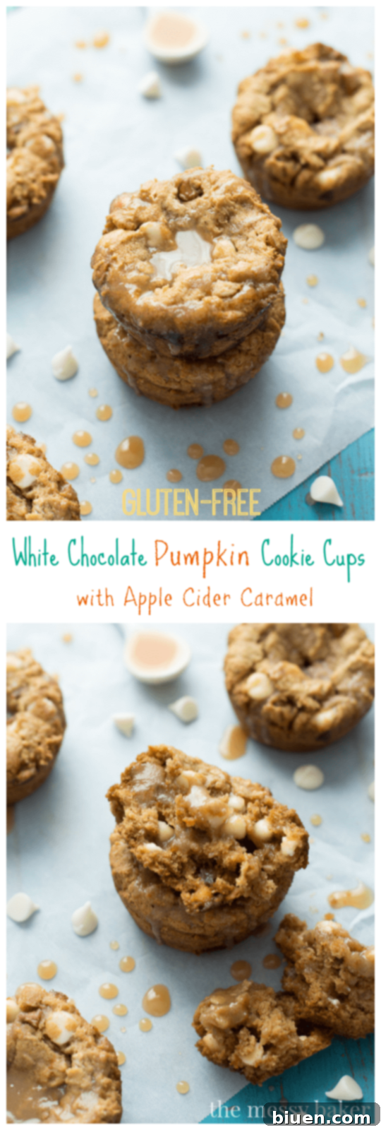 Guilt-Free Fall Indulgence: White Chocolate Pumpkin Cookie Cups 4 A close-up of Gluten-Free White Chocolate Pumpkin Cookie Cups with Apple Cider Caramel, showcasing their texture and deliciousness.
