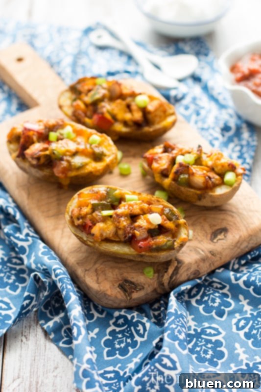 Easy Gluten-Free Chicken Fajita Potato Skins Appetizer Recipe | www.themessybakerblog.com