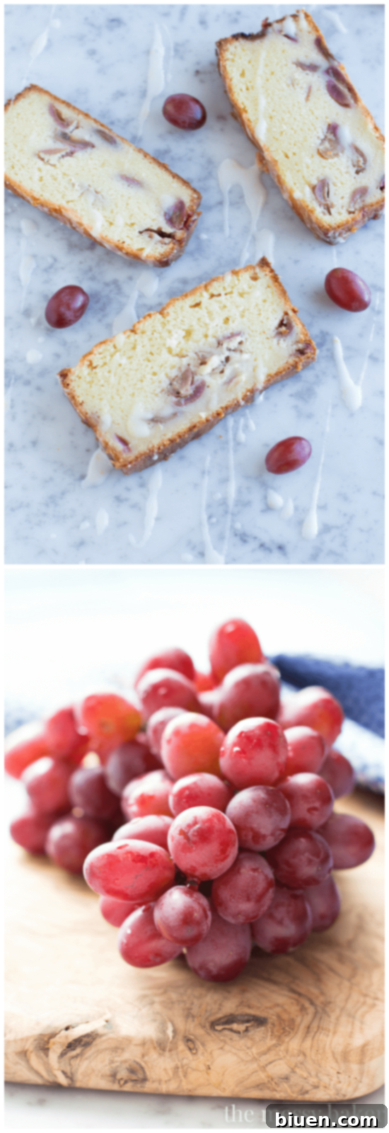 Sweet Grape Ricotta Pound Cake 4 Sliced Ricotta Pound Cake with Grapes and Lemon Glaze, revealing the moist crumb and pieces of red grapes throughout, elegantly presented on a white plate, invitingly delicious.