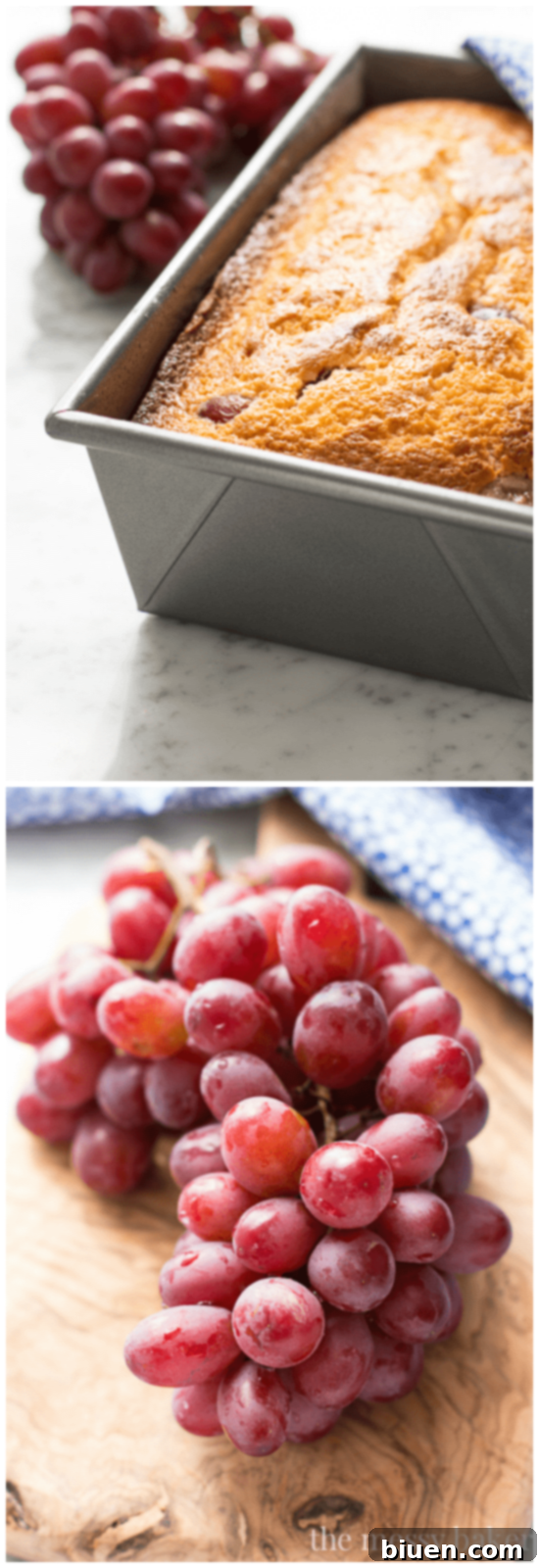 Sweet Grape Ricotta Pound Cake 7 An overhead view of an entire Ricotta Pound Cake with Grapes, beautifully glazed with lemon icing, suggesting homemade perfection and ready for serving.