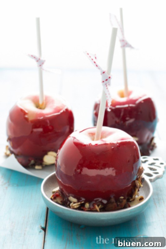Red Moscato Candied Apples Dipped in Toasted Almonds and Semi-Sweet Chocolate | www.themessybakerblog.com