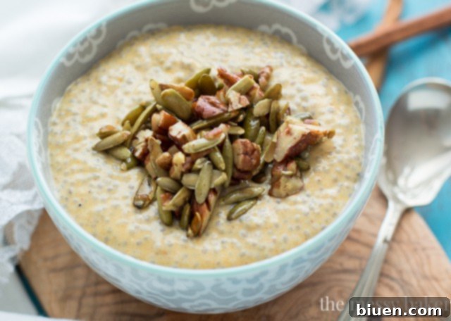 Overhead view of grab-and-go Pumpkin Chia Seed Pudding jars, topped with maple pecans and pumpkin seeds. | www.themessybakerblog.com