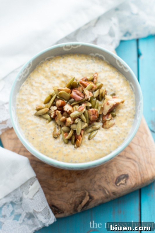Close-up of creamy Pumpkin Chia Seed Pudding with Maple Pecans & Pumpkin Seeds, ready to be enjoyed. | www.themessybakerblog.com