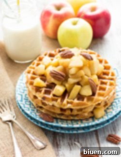 Final plated Gluten-Free Cinnamon Chip Waffles with Caramelized Apples