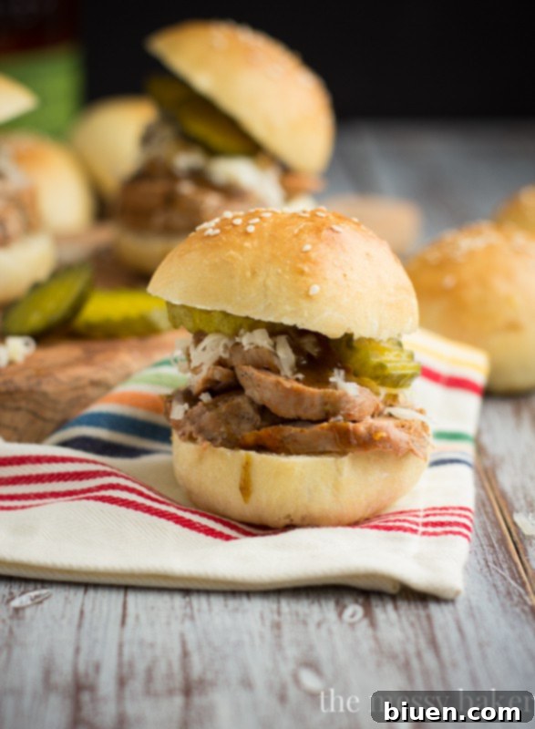 Homemade Cuban Pork Sliders with Mustard Bourbon Glaze – a gourmet appetizer or quick dinner. www.themessybakerblog.com