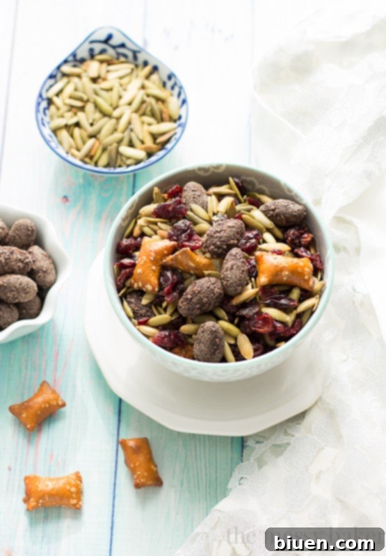 Easy Fall Trail Mix made with pumpkin seeds, dried cranberries, peanut butter filled pretzels, and dark chocolate covered almonds | www.themessybakerblog.com