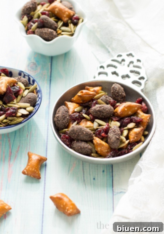 Easy Fall Trail Mix made with pumpkin seeds, dried cranberries, peanut butter filled pretzels, and dark chocolate covered almonds | www.themessybakerblog.com