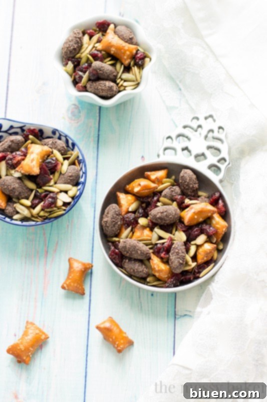 Easy Fall Trail Mix recipe made with pumpkin seeds, dried cranberries, peanut butter filled pretzels, and dark chocolate covered almonds | www.themessybakerblog.com
