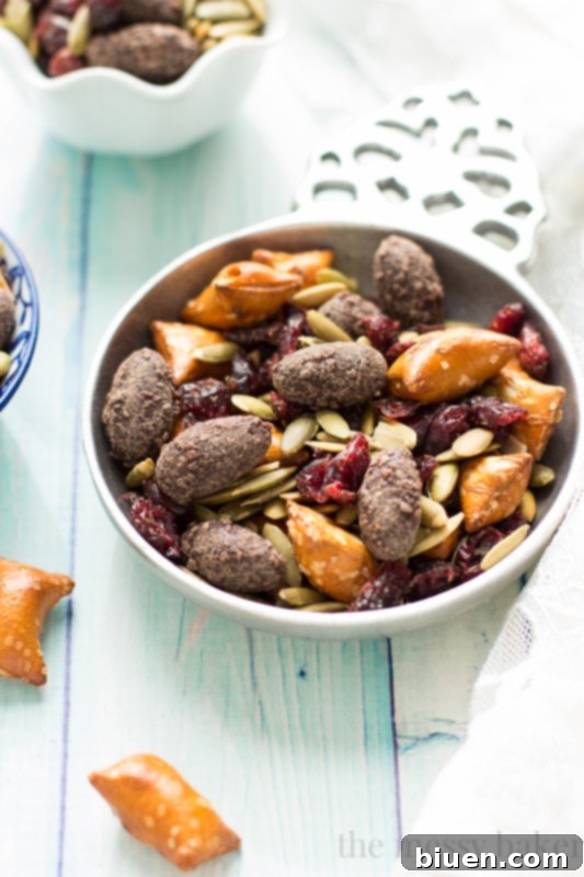 Easy Fall Trail Mix made with pumpkin seeds, dried cranberries, peanut butter filled pretzels, and dark chocolate covered almonds | www.themessybakerblog.com