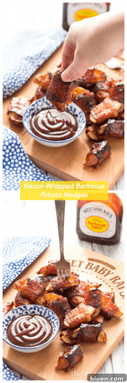 Bacon Blanket BBQ Wedges 4 These crispy potato wedges wrapped in smoky bacon and glazed with barbecue sauce make the perfect appetizer for football, the holidays, and parties. | www.themessybakerblog.com