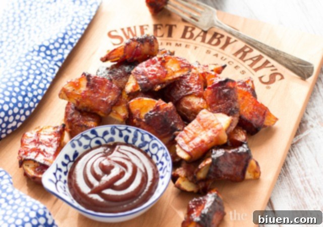 Bacon Blanket BBQ Wedges 9 These crispy potato wedges wrapped in smoky bacon and glazed with barbecue sauce make the perfect appetizer for football, the holidays, and parties. | www.themessybakerblog.com