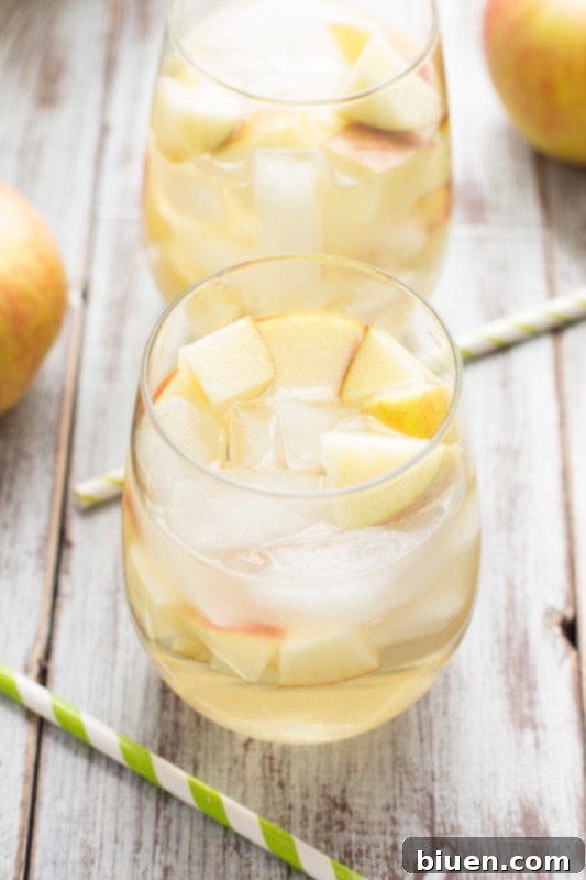 Fizzy Caramel Apple Sangria 4 Ingredients for Caramel Apple Sangria on a rustic wooden table, including apples, wine, and vodka