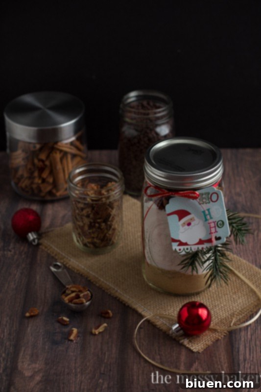 Homemade Chocolate Chip Pecan Banana Bread Gift Jars 17 Homemade Chocolate Chip Pecan Banana Bread Gift Jars decorated for the holidays, ideal Christmas present idea | www.themessybakerblog.com