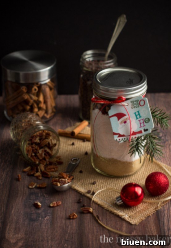 Beautifully designed custom recipe card for Chocolate Chip Pecan Banana Bread Gift Jars, enhancing the homemade gift | www.themessybakerblog.com