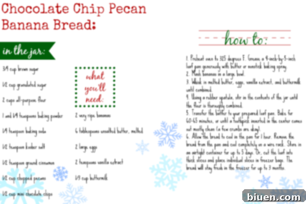 Printable Chocolate Chip Pecan Banana Bread Recipe Card, essential for the gift jar presentation | www.themessybakerblog.com