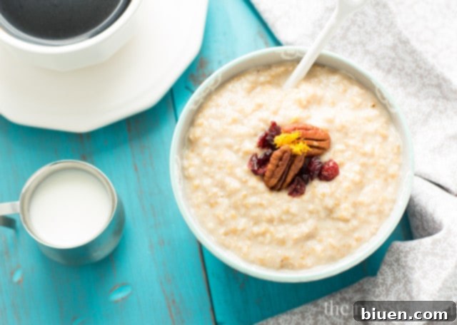 Warm bowl of Eggnog Steel Cut Oatmeal topped with dried cranberries, pecans, and orange zest