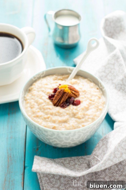 Close-up of a generous serving of Eggnog Steel Cut Oatmeal, showcasing its creamy texture