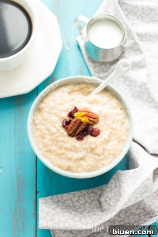 Artfully presented bowl of Eggnog Steel Cut Oatmeal ready to be enjoyed
