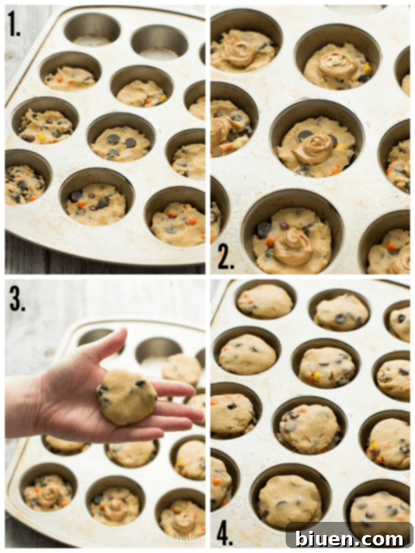 Peanut Butter Stuffed Chocolate Chip Cookie Cups | www.themessybakerblog.com