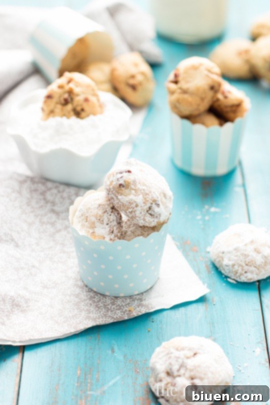 Grandmom's Pecan Sandies | A plate of freshly baked, powdered sugar-dusted Pecan Sandies, ready to be enjoyed during the holidays.
