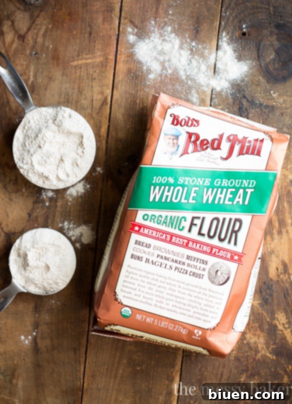 Bag of Bob's Red Mill Organic Whole Wheat Flour, a key ingredient for healthier holiday baking