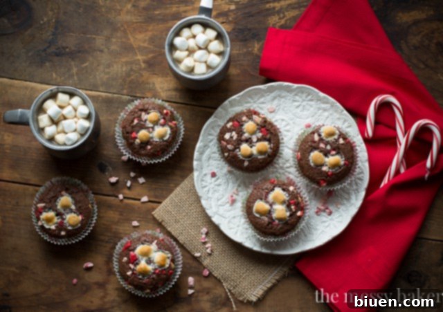A tray of freshly baked Hot Chocolate Peppermint Muffins, capturing their inviting warmth and festive appeal