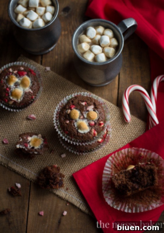 Hot Chocolate Peppermint Muffins adorned with toasted marshmallows and peppermint chips, arranged on a festive plate