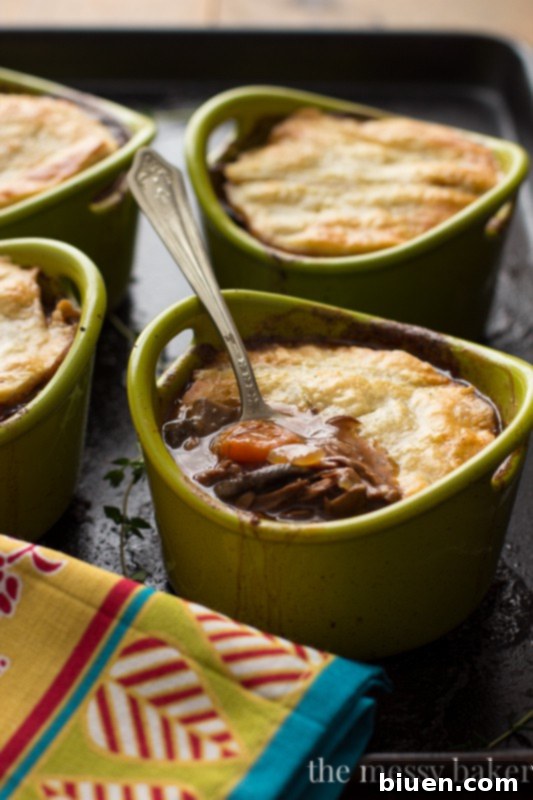 Individual serving of Slow Cooker Steak and Mushroom Pie with herbs