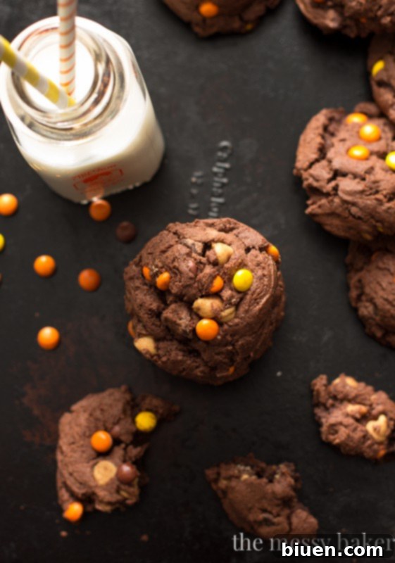 Close-up of the dough for Chocolate Reese's Pieces Pudding Cookies before baking