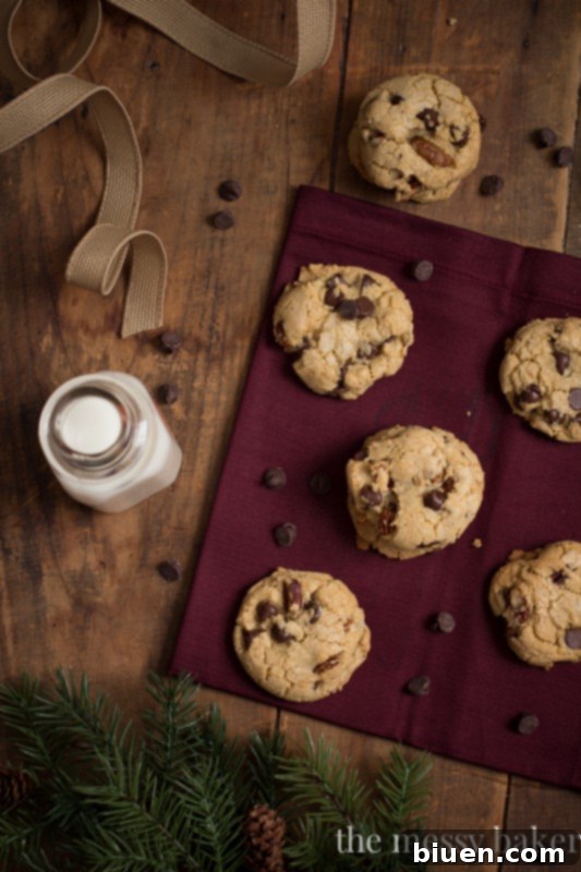 Stacked Brown Butter Pecan Chocolate Chip Cookies with Chocolate Chips