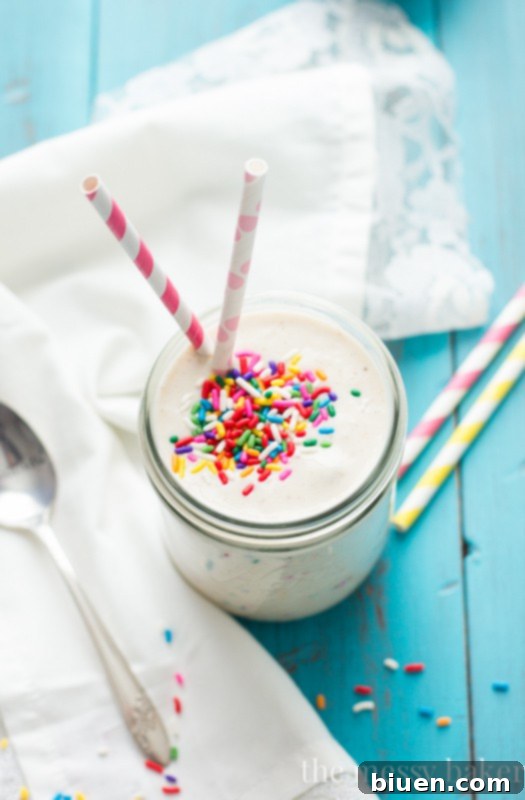 Close-up of a Healthy Funfetti Shake with colorful sprinkles
