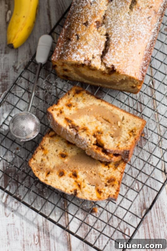 A slice of Banana Bread with Cookie Butter Cheesecake Swirl, clearly showing the creamy, spiced layer