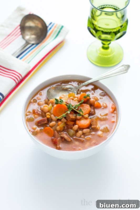 Closeup of Slow Cooker Navy Bean Soup with Ham, showcasing ingredients