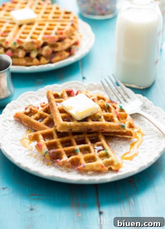Close-up of fluffy Funfetti Waffles topped with colorful sprinkles