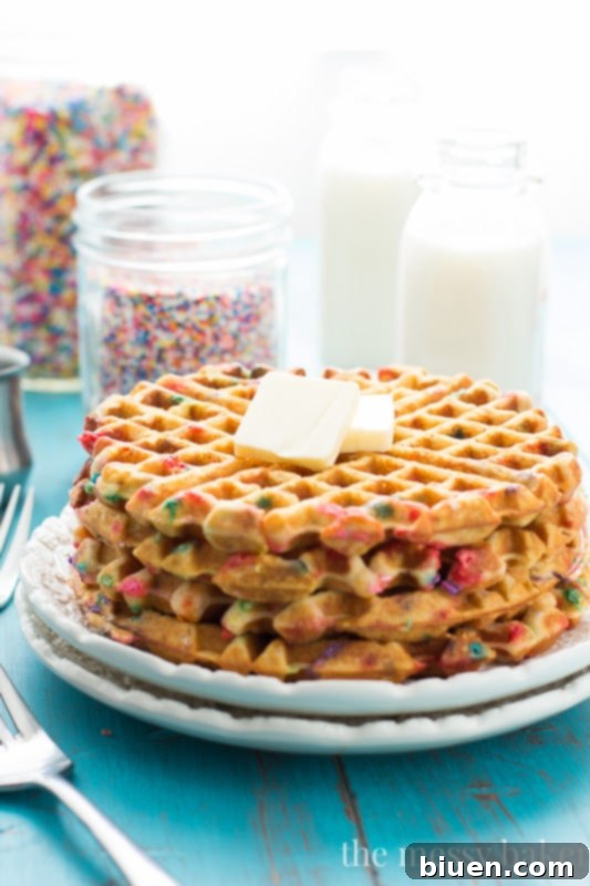 Author's personal stack of homemade Funfetti Waffles