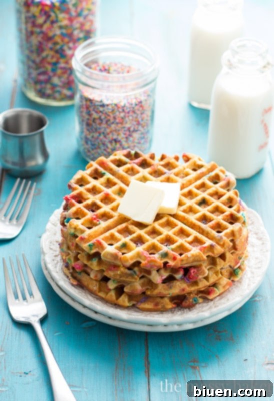 Closeup of Funfetti Waffle batter with colorful sprinkles