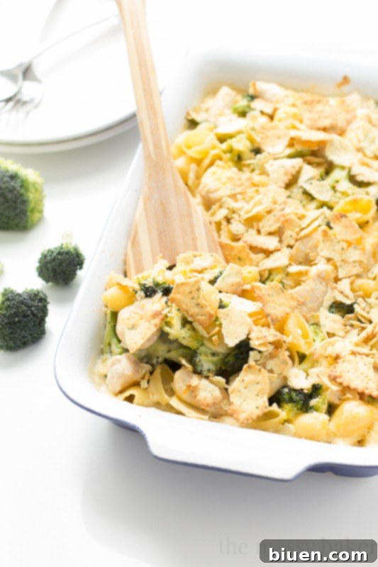 Cooked Cheesy Chicken and Broccoli Casserole in a serving dish