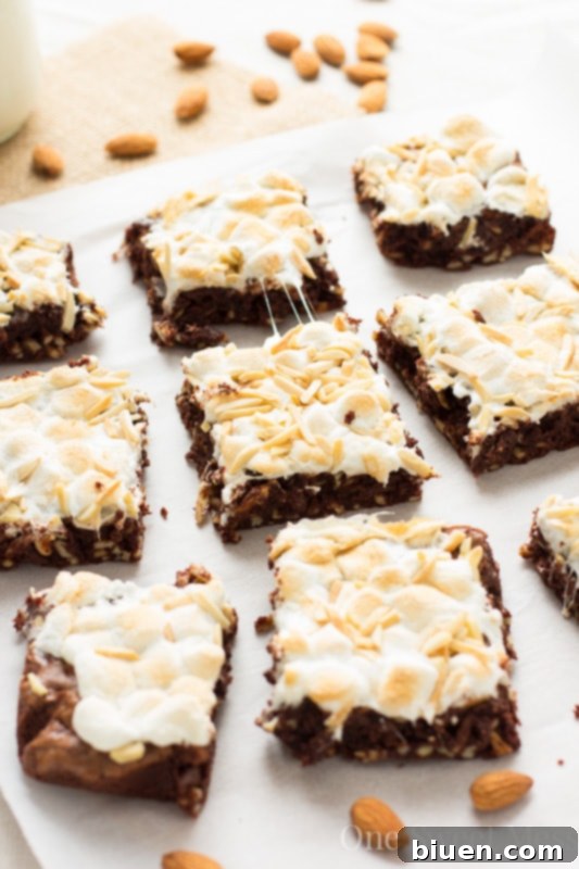 Decadent Rocky Road Brownies 4 Close-up of baked Rocky Road Brownies, showcasing the melted marshmallows and chocolate