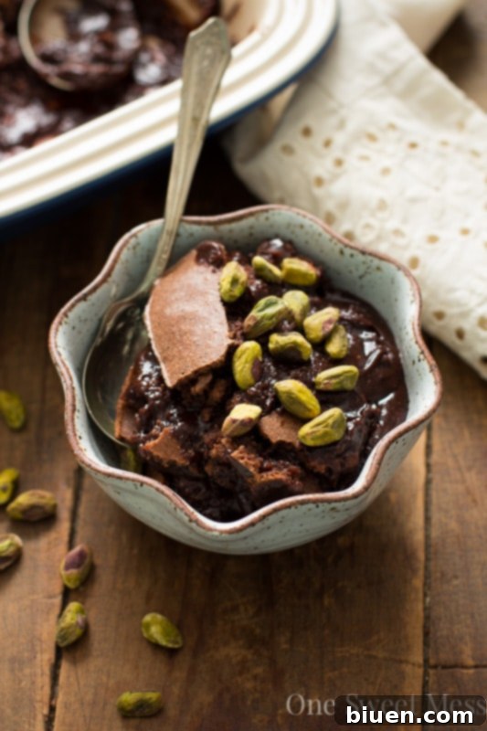 Decadent Earl Grey Brownie Pudding topped with pistachios, perfect for sharing