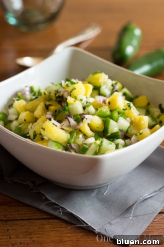 Close-up of Pineapple Cucumber Salsa showing texture and ingredients